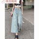荣西图（RONGXITU）港风设计感水洗高腰阔腿牛仔裤小个子宽松气质复古显瘦直筒九分裤 黑色3888 L