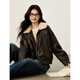 Shangjing Retro PU Leather Jacket Women's 2025 Winter New Style Velvet Thickened Warm Motorcycle Jacket Fur Collar Short Jacket Brown M