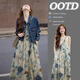 Keyin dress women's suit 2025 new autumn and winter salt fashion age-reducing denim jacket ink painting skirt for women denim jacket + floral skirt suit S