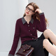 Betu women's 2025 winter new sweater lapel plaid stitching exquisite twisted rope fake two-piece top 2510T39 burgundy M