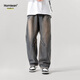 Homlean washed retro jeans men's spring and summer American loose pleated design straight long pants HS04 retro blue XL
