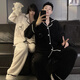 Modal Couple Pajamas Women's Winter Coral Fleece Thickened Cartoon Cute Men's Loose Autumn and Winter Home Clothes Set W1008 Black + White One Set for Men and Women M Women + Men 3XL
