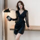 Yunxuan hip-hugging skirt dress pure desire autumn new women's work clothes long-sleeved V-neck nightclub sexy black S