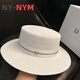 NY-NYM webbing M label straw hat for women summer British retro flat top fresh top hat sun protection beach hat white M (56-58cm)