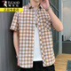 Woodpecker (TUCANO) short-sleeved shirt men's summer loose casual plaid shirt jacket men's trendy versatile five-quarter sleeve clothes men's DC613 white plaid blue line 3XL (42) about 155-175Jin [Jin equals 0.5 kg] can be worn