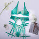 Sexy and hot thin lace see-through embroidery European and American garter belt exciting French green fun suit underwear cyan S