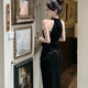 Yujiyu black skirt small evening dress banquet dress slim fishtail cheongsam dress black S recommended 80-93Jin Jin equals 0.5 kg