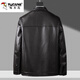 Woodpecker 2025 autumn and winter new style middle-aged men's stand-up collar leather jacket, middle-aged and elderly dad's outfit, velvet thickened leather jacket, black XL
