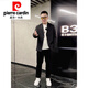 Pierre Cardin spring and autumn slimming outfit for slightly fat boys with light and sophisticated style small blazer for fat men, large size casual woolen suit, black suit + white T-shirt + black trousers M recommended 95-120 Jin Jin equals 0.5 kg