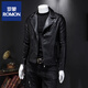 Luo Meng Leather Jacket Men's Diagonal Zipper Trend 2025 Spring and Autumn Handsome Soft Leather Lapel Motorcycle Slim Jacket Black XL