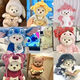 Internet celebrity bear cross-dressing doll with movable joints, cute and super cute plush toy as a gift for girls and children, pink pig hat, sweatshirt and overalls, white bear, 30cm gift bag, warm lamp, and blush gift