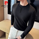 Pierre Cardin Henley collar long-sleeved T-shirt men's spring and autumn thickened slim tight bottoming shirt American retro Henley shirt with trendy black XL