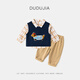 Dudujia Children's Autumn Plaid Shirt Suit Boys Lapel Jacket Knitted Vest Baby Cotton Pants Casual Jacket Blue 100