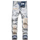 Fadenjue Emil Slim Fit Men's Jeans Lettre de broderie déchirée Patch Patch Slim Fit [de haute qualité] M724 M 95-105Jin [Jin est égal à 0,5 kg]