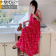 Modal summer French suspender long skirt to ankle women's extended version of floral tall super long artificial cotton silk nightgown 8801-Naru Qing ethnic style One size F skirt length 12590-160Jin [Jin equals 0.5 kg]