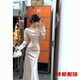 Stunning elegant ladylike ladylike chic banquet dress one-shoulder swing collar dress women's slim fishtail skirt dress S