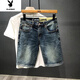Playboy 2023 Summer Denim Pants Printed Trendy Brand Retro Nostalgic Washed Korean Style Slim Fit Pants D9901 Blue Five-Fifth Shorts 28