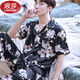 LangSha Light Luxury Summer Men's Pajamas Men's Summer Thin Short-Sleeved Ice Silk Suit Home Clothes Large Size Trousers Spring and Autumn Cardigan 23103 Short Long Black Bottom Red Flower-Male 2XL (145~160Jin Jin is equal to 0.5 kg)