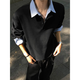 Jufeng fake two-piece polo shirt sweatshirt men's American heavy henley collar long-sleeved T-shirt design high-end handsome jacket black M (suitable) 100-115Jin Jin is equal to 0.5 kg