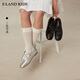 E LAND KIDS 25th spring and summer new girls trendy retro bow round toe shoes Silver/91 21 210mm