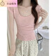 
Huowan real-life photo pure slim U-neck bamboo joint cotton short-sleeved T-shirt for women in summer front shoulders sexy collarbone waist-hugging top 1391# light pink S