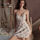 Women's nightgown sexy deep V plus breast pad underwear pure and smooth satin suspender nightgown home clothing set 4881 White M
