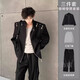 An Chuxia American high street shoulder padded blazer men's metal airplane buckle design jacket autumn handsome street suit black jacket + gray T-shirt + zipper pants 3-piece set XL store priority delivery