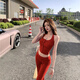 Jingpufei Halsweste Hosenträger hoher Taille schlank und leicht ausgestellte Hose zweiteiliger Set 6167# rote Weste s
