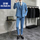 ROMON double-breasted suit men's suit wedding dress slim fit groom's suit men's Korean version trendy British style handsome off-white suit + pants + vest tie 3XL