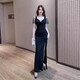 Kuzhang KTV Vestido de noche Mujer 2025 Nuevo Sexy Escotado Falda larga y delgada Técnico de baño de pies Ropa de trabajo Vestido dividido 3883 Negro Talla única 2xl