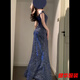 Meianjiagan Blue Sparkling One Shoulder Dress Feminine Catwalk Birthday Party Dress Sexy Slit Long Skirt Blue S