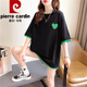 Pierre Cardin Sommer zweiteiliger kurzärmeligter T-Shirt für Frauen mit reinem Baumwoll locker gestickte Top-Design mit mittlerer Länge Trendy großer Größe 1502 Schwarz bedrucktes Baumwoll XL 140-165jin [Jin entspricht 0,5 kg]