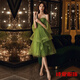 Dongjing forest small evening dress, new style, super fairy temperament, light luxury slim dress for birthday party, can be worn at ordinary times, green princess sleeves, irregular skirt, suspenders, mid-length style M