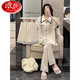 LangSha Light Luxury Ice Feel Pajamas Women's Three Piece Summer New Short Sleeve Loose Large Size Ice Silk Home Clothes Set 2405# Navy Blue Camellia Three Piece Shorts 2XL 140-160Jin Jin is equal to 0.5 kg