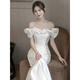 Chuangjingyi chooses light wedding dress, one-shoulder French light wedding dress, satin temperament, fishtail for bride, slimming, small tail, white S