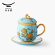 Auratic National Porcelain Yongfengyuan Lady Porcelain West Lake Blue 4-Head Ceramic Cover Cup Saucer Tea Cup-Blue (280ml)