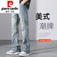 皮尔卡丹（pierre cardin）美式牛仔裤男生微喇叭夏季高街复古怀旧窄版直筒长裤子春秋款针织 9902浅蓝 3XL