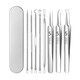 Nilan Cell Clip Stainless Steel Acne Clip 8-piece Set Blackhead Needle No. 5 Acne Clip Acne Remover Needle Beauty Tools 8 Pieces No. 5 Set-Silver Iron Box Ten-fold Mirror