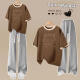 
Haxi Niu Big Children's Girls' Suit Summer New College Style Sportswear Loose Short Sleeve T-shirt Wide Legs Casual Trendy Two [C829 Apricot Clothes - Cotton Single Part] 185 XXL