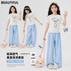 Yoyo One (Yoyo One) Girls Anzugs Sommer Dünner Kinder 2025 neue modische Mädchen große Kinder Sommer kurzärmelige Weithose Zwei-teilige Hose [zweiteiliger Set] 19060 Weiß + 15277 Blau 160 160 cm