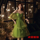 Dongjing forest small evening dress, new style, super fairy temperament, light luxury slim dress for birthday party, can be worn at ordinary times, green princess sleeves, irregular skirt, suspenders, mid-length style M