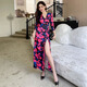 飘朵芸长款一片式气质旅游度假沙滩裙女夏法式深V领性感开叉碎花连衣裙 紫色花 3291# S 80-90斤左右