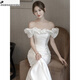 Chuangjingyi chooses light wedding dress, one-shoulder French light wedding dress, satin temperament, fishtail for bride, slimming, small tail, white S