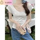 
Huowan real-life photo pure slim U-neck bamboo joint cotton short-sleeved T-shirt for women in summer front shoulders sexy collarbone waist-hugging top 1391# light pink S