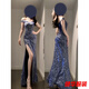 Meianjiagan Blue Sparkling One Shoulder Dress Feminine Catwalk Birthday Party Dress Sexy Slit Long Skirt Blue S