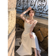 Zuo Xu white suspender dress for women 2025 new summer thin seaside resort style mid-length skirt for women slimming white wide suspender dress when/next day delivery L (110-120Jin Jin equals 0.5 kg)