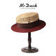 Mr DUCK Extra Fine Natural Wheat Straw Raffia Straw Hat French Elegant Flat Top Hat Women's Fashionable Style Hollow Sun Hat Raw Grass/Burgundy (Lightweight and Breathable) M(55-57cm)