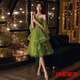 Dongjing forest small evening dress, new style, super fairy temperament, light luxury slim dress for birthday party, can be worn at ordinary times, green princess sleeves, irregular skirt, suspenders, mid-length style M