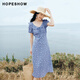 
Red sleeves (hongshow) floral dress 2025 summer new women's puff sleeve waist-hugging V-neck imitation denim Japanese doll skirt denim blue flower 677 L