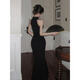 Chuangjingyi chooses fishtail skirt dress, new Chinese style national style black improved cheongsam dress for women summer sexy evening dress fishtail bag Picture color S